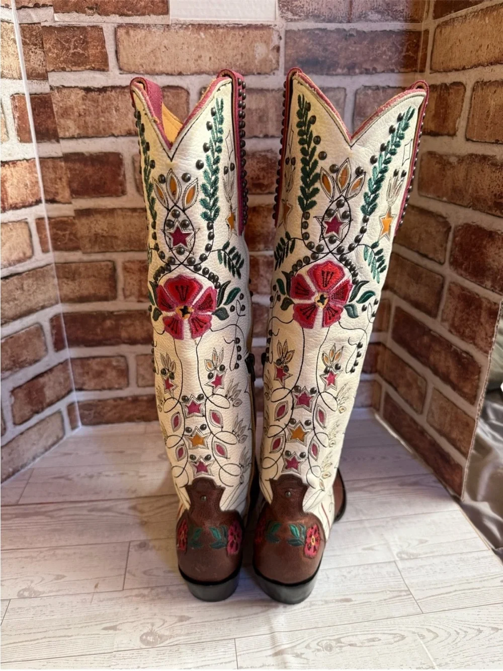 Old Gringo Embroidered Floral Tall Western Boots - Cream & Brown